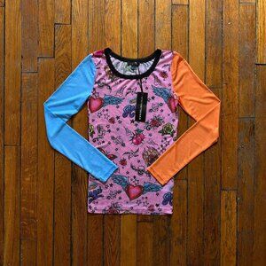 NWT Deliah's by Dolls Kill Color Block Tattoo Sheer‎ Top Women XXS Multi Color